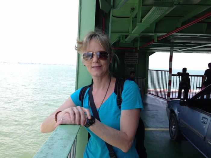 Barbara on car ferry, Penang Malaysia