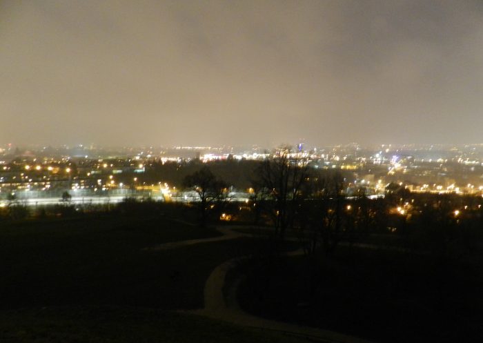 view of Krakow by night from Kopiec Kraka Mountain 