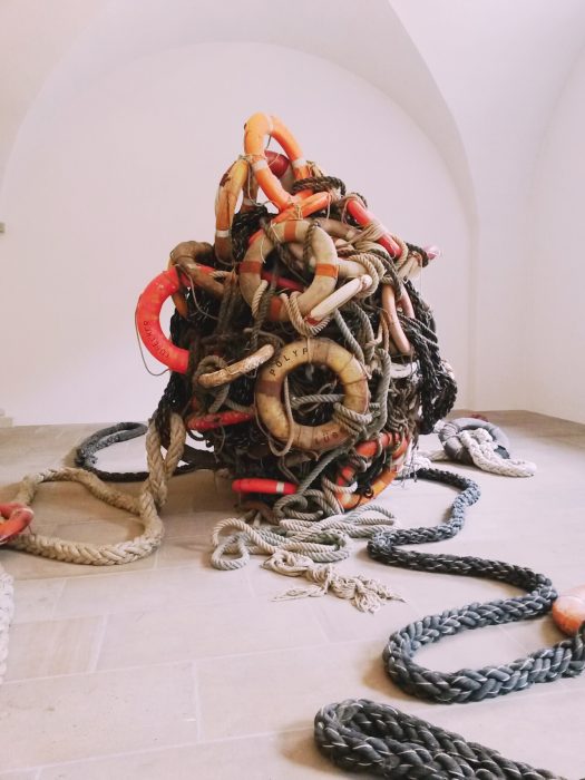 Somebody didn’t forget about the Refugees, at Albertinum. Artist: Birgit Dieker (1969) – Captor of Souls.2005. life belts, mooring ropes.
