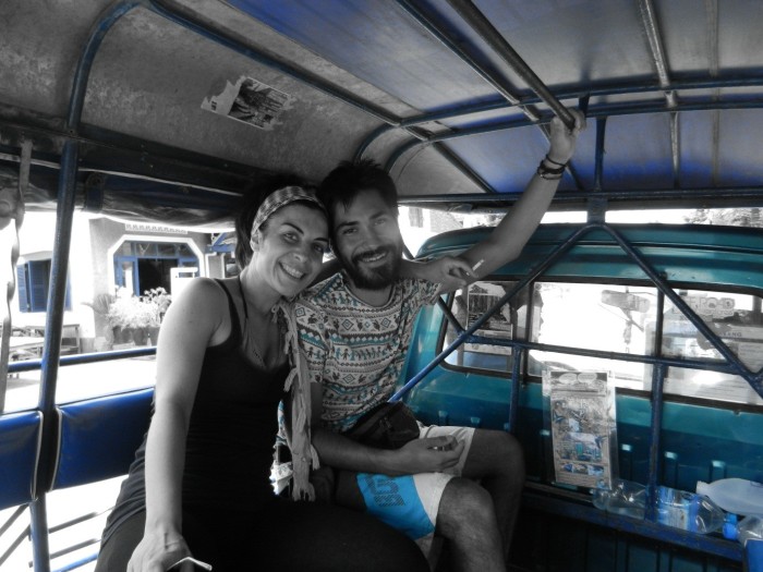 My friends Ame and Rey on the tuk tuk to Luang Prabang city