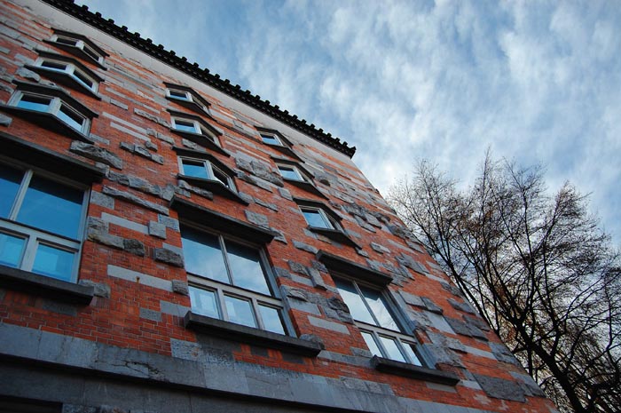 The quirky orange and grey façade of NUK as designed by Jože Plečnik