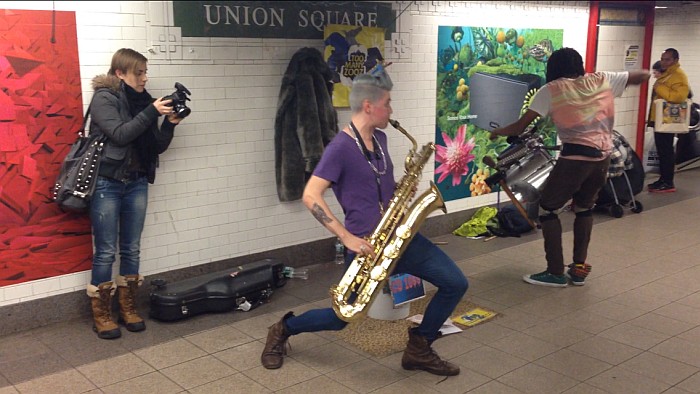 This guy and his drummer are called “too many zooz” amazing electronic style all with the sax and drums