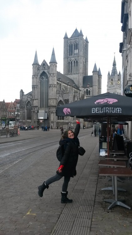 Me, with St. Nicholas Church behind and in front of Delirium Cafe, bursting with happiness
