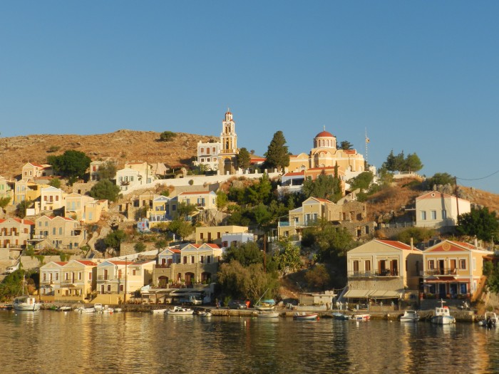 Beautiful Symi island, port at sunset. September 2013