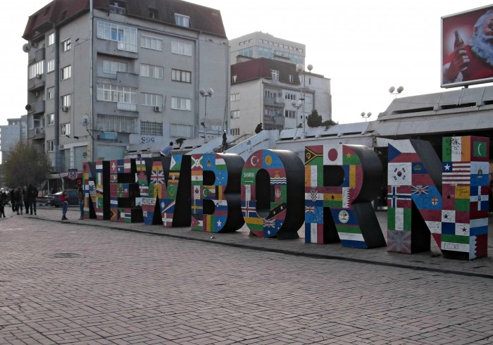 The Newborn Monument with the flags of the countries on it which have recognized Kosovo after its declaring independence.