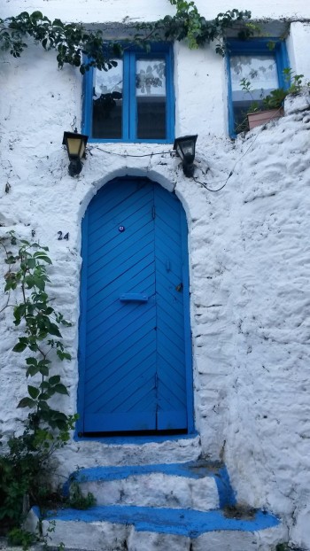 Blue painted doors and windows around the castle